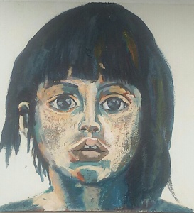 Portret Meisje: Waarom? Len Art kunst: olieverf op hardboard. Afmeting 20 x 20 cm. Mensen Kinderen.
