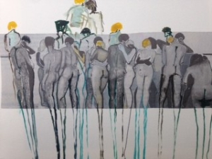 Samen lange benen. Len Art kunst: inkt en acryl op papier. Afmetingen 15 x 20 cm. Humor.